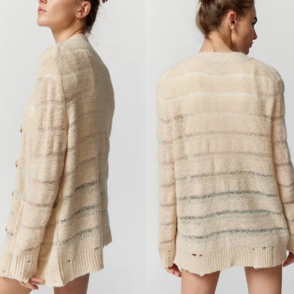 Urban Outfitters Alston Laddered Knit Cardigan S Marfil Long Sleeve Cozy